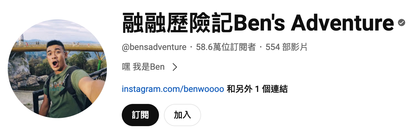 旅遊 youtuber 排名3 融融歷險記 Ben's Adventure